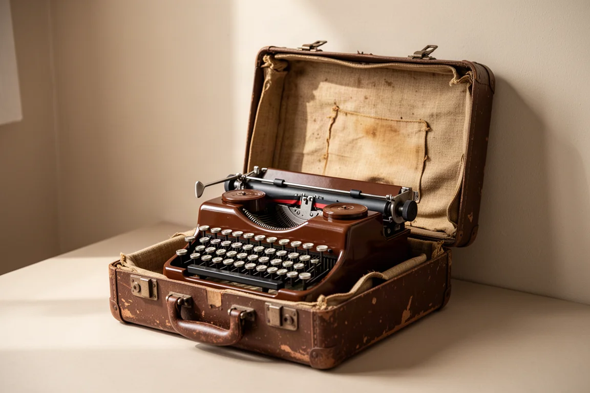 Vintage portable typewriter packed inside a worn carrying case