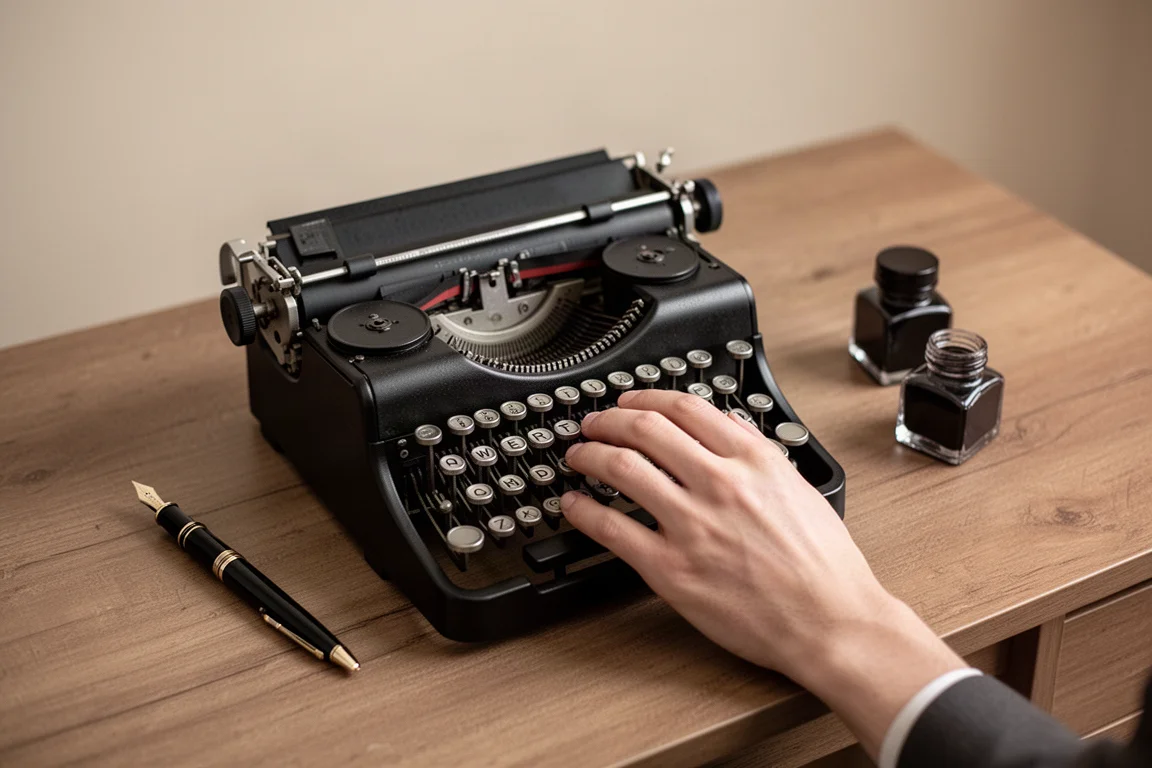 Hands typing on a compact vintage typewriter beside a fountain pen and ink bottle