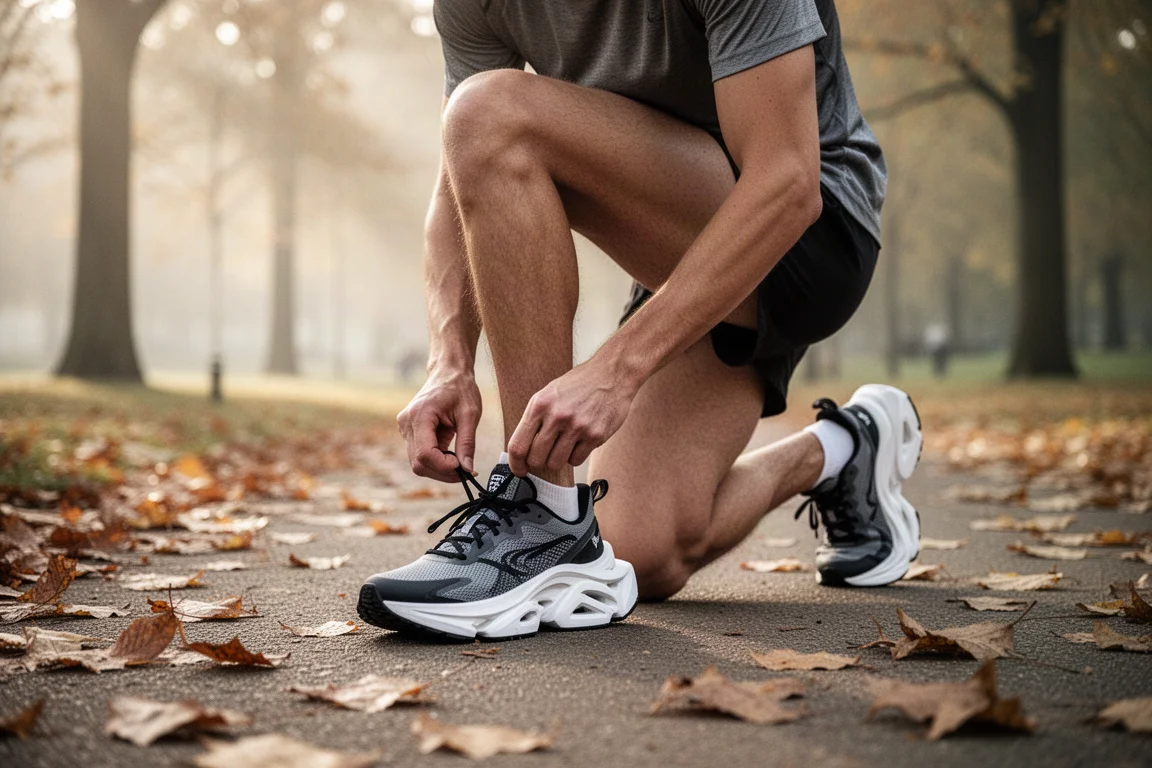 Un runner allaccia scarpe da gara ad alto stack su un vialetto del parco nella morbida luce del mattino