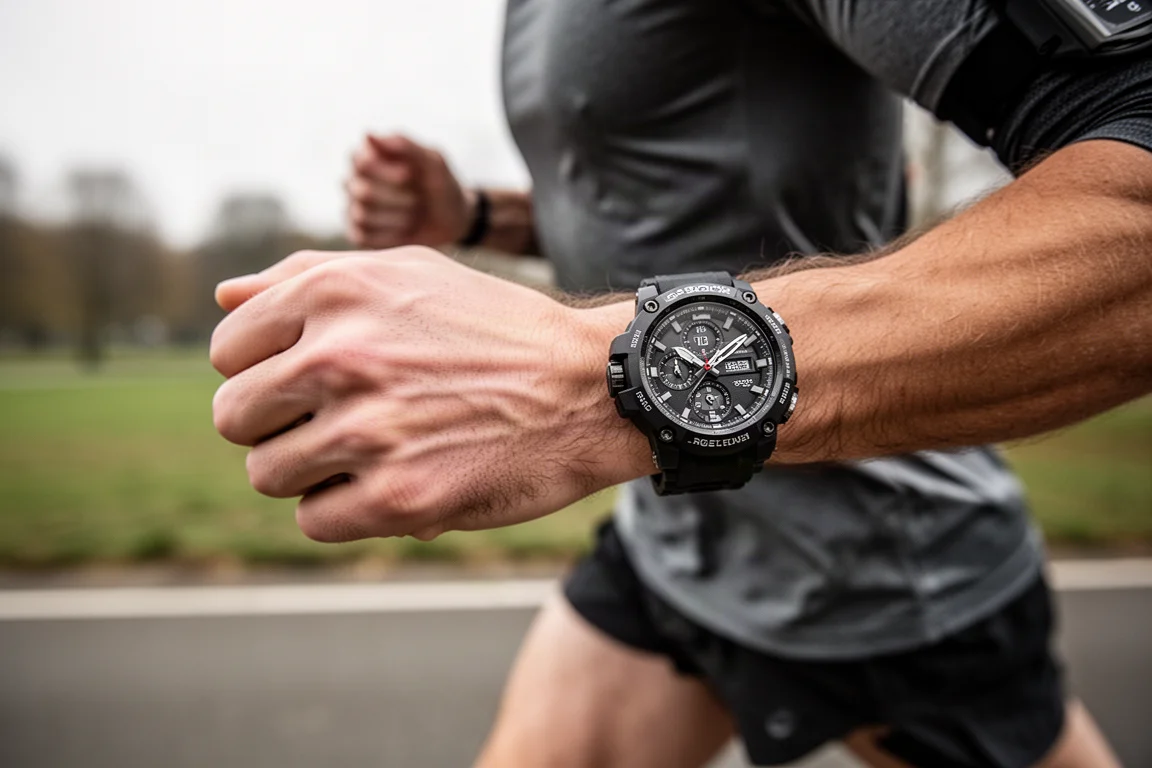 Primo piano di un GPS sports watch indossato al polso durante una corsa