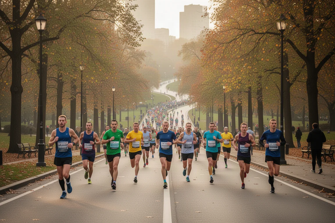 Runner di una half marathon su una strada alberata del parco in autunno