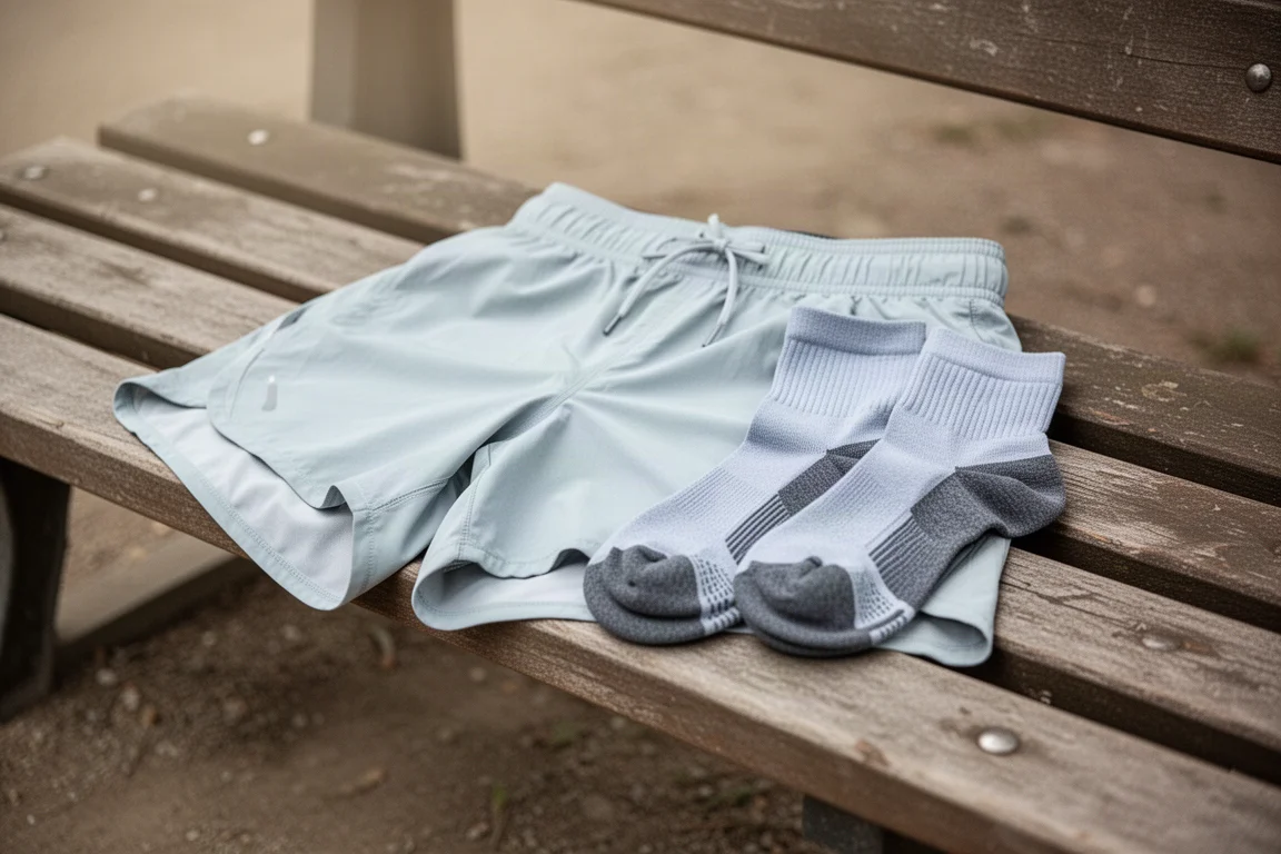 Shorts da corsa leggeri e calze performanti appoggiati su una panchina di legno
