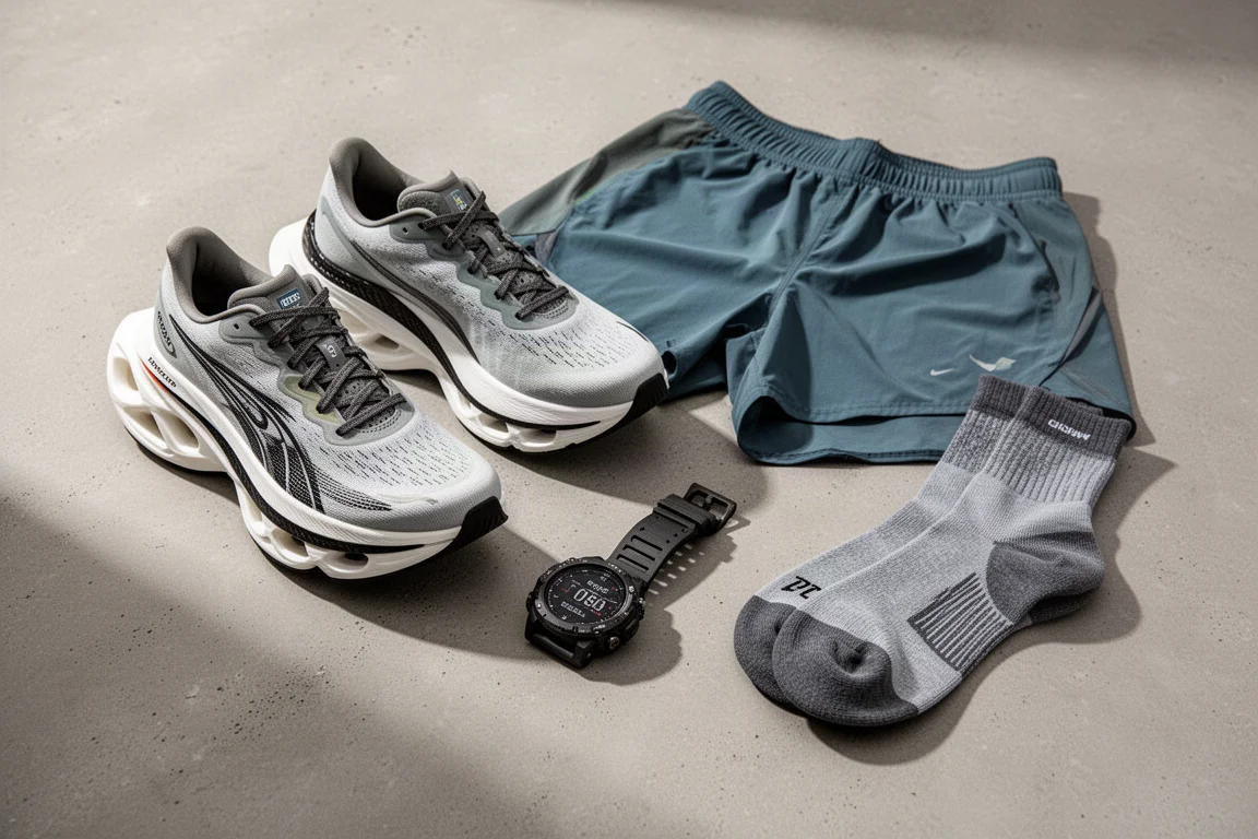 Running race kit flat-lay with high-stack shoes, watch, shorts and socks