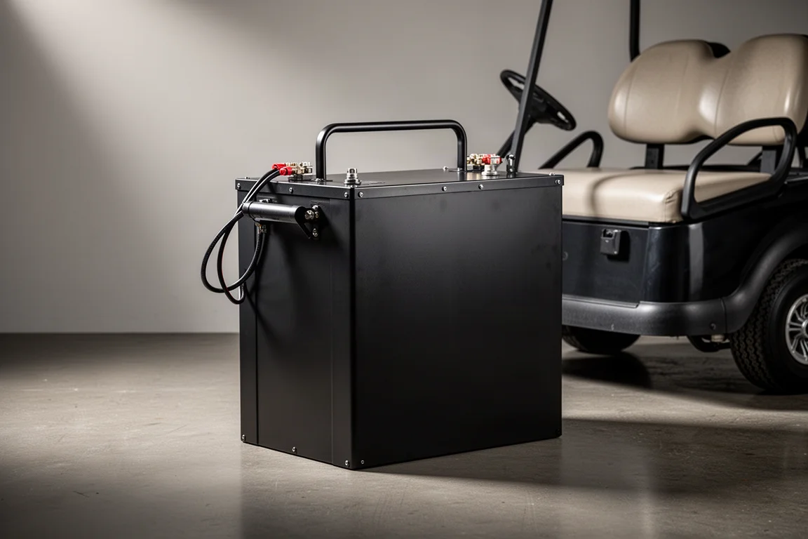 Matte black rectangular 48V lithium golf cart battery on a concrete garage floor