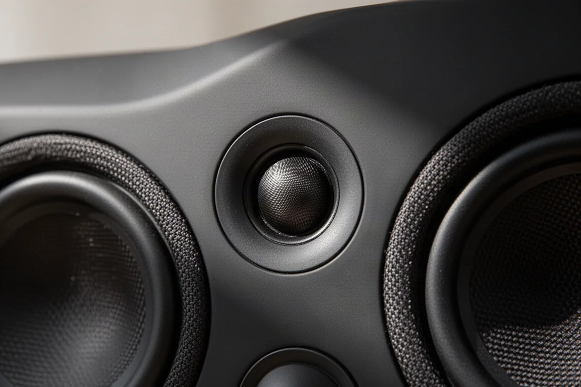 Close-up van een domed tweeter en twee geweven woofers op een zwarte luidsprekerbaffle