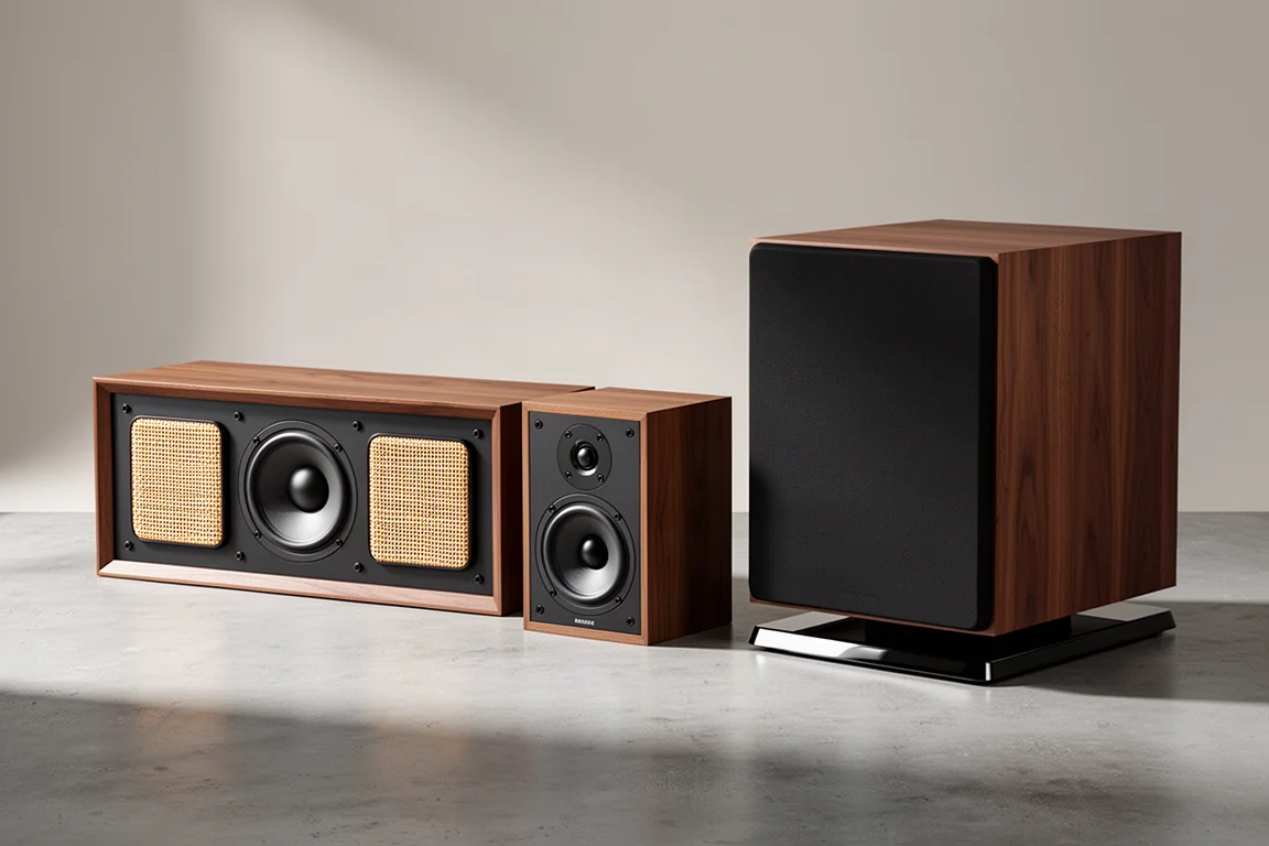 Two RSL bookshelf speakers and a subwoofer arranged on a concrete surface