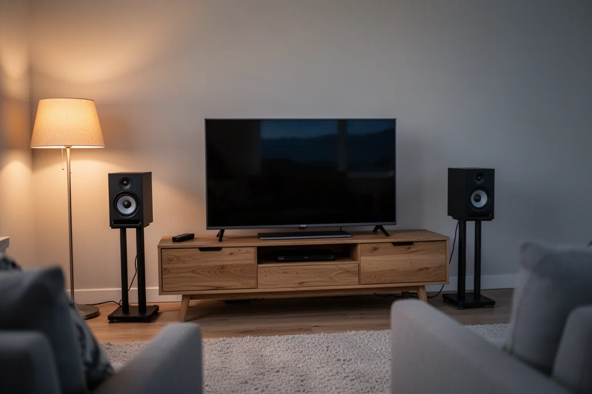 Zwei kompakte schwarze Lautsprecher flankieren einen Fernseher in einem warm beleuchteten Wohnzimmer