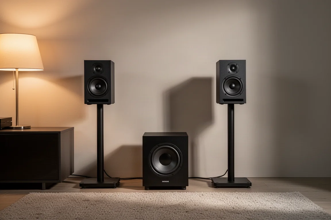 Kompakte Lautsprecher auf Ständern mit einem Subwoofer auf dem Boden in einem abendlichen Raum