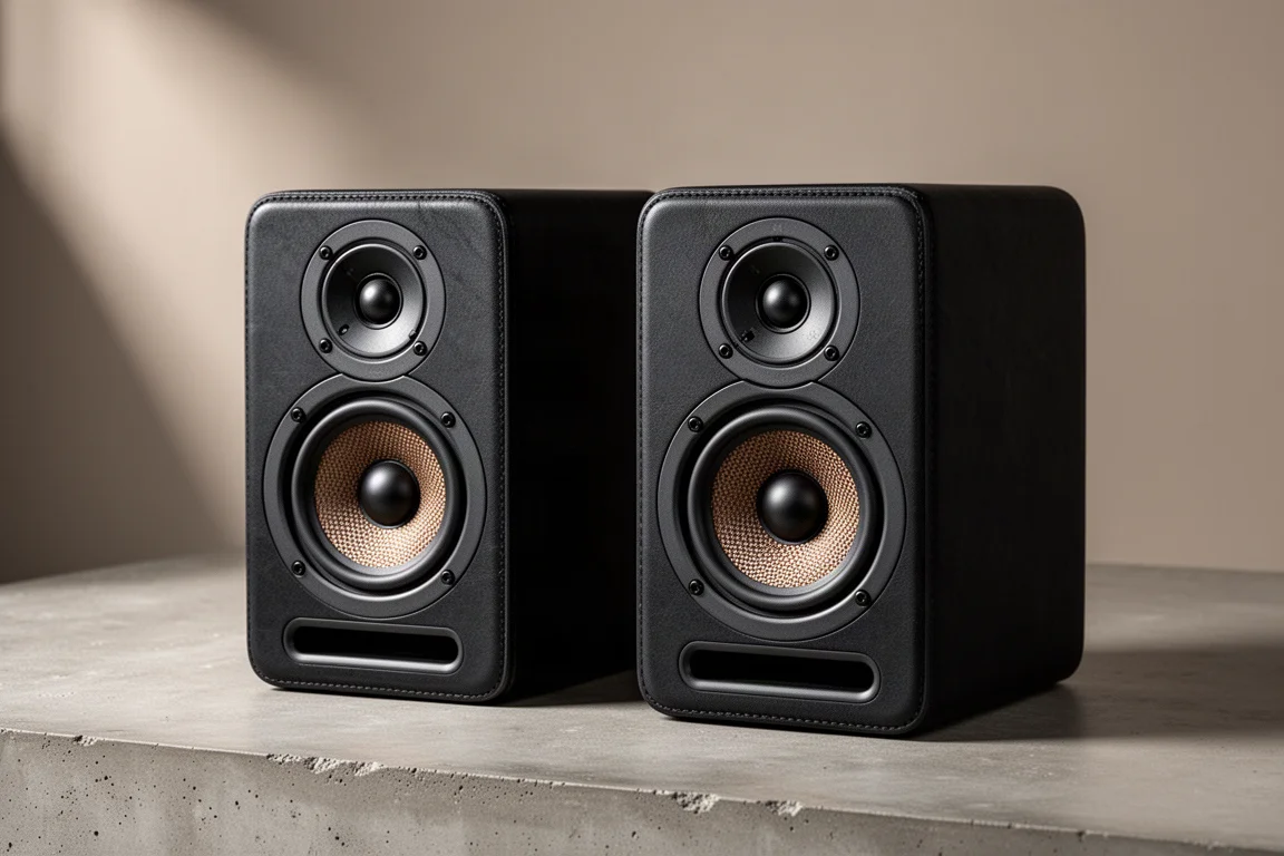 Pair of compact black bookshelf speakers with dual woofers on a concrete surface