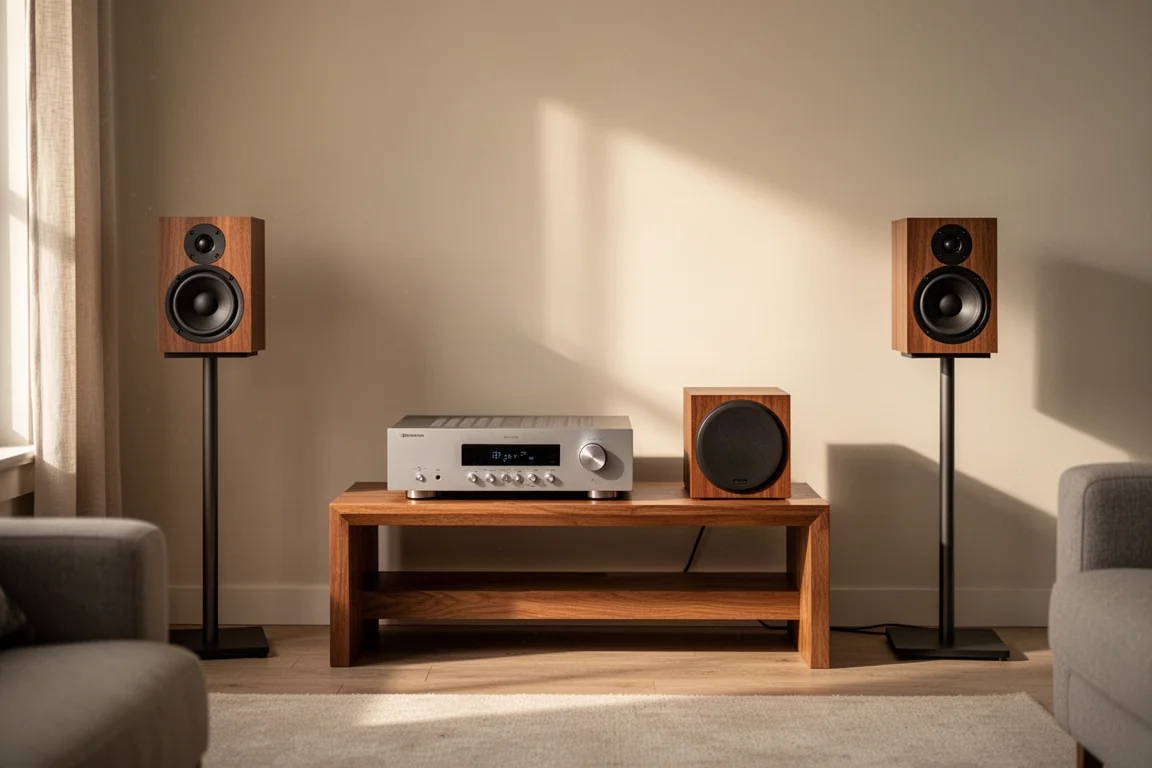 Litet stereosystem med kompakt förstärkare, subwoofer och bokhyllehögtalare på stativ