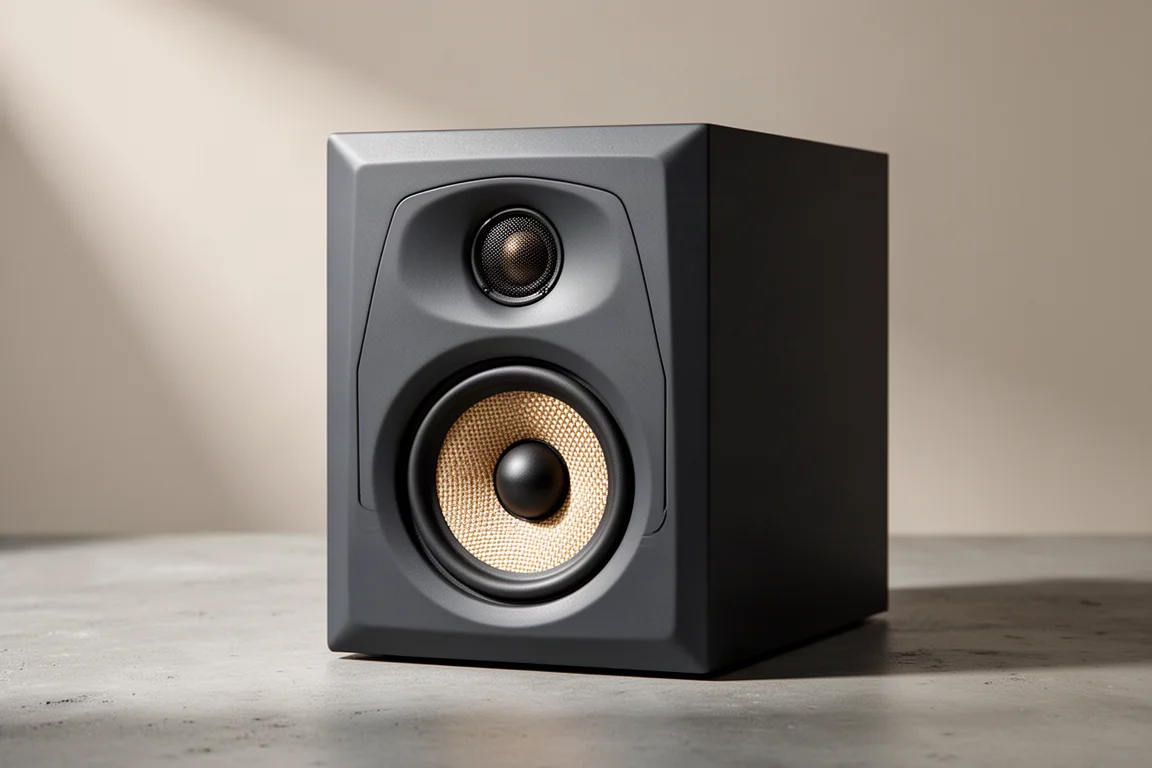 Compact charcoal bookshelf speaker with beveled baffle on a matte concrete surface
