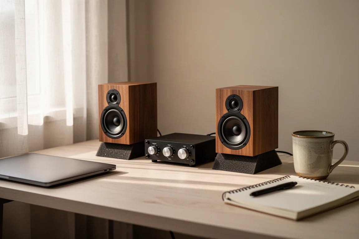 Kleine Desktop-Hi-Fi-Anlage mit kompakten Lautsprechern und einem winzigen Verstärker auf einem Holzschreibtisch