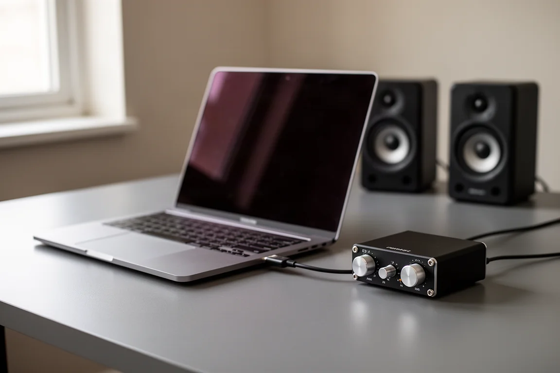 Laptop über USB-Kabel an einen kleinen Verstärker angeschlossen, der Desktop-Lautsprecher antreibt