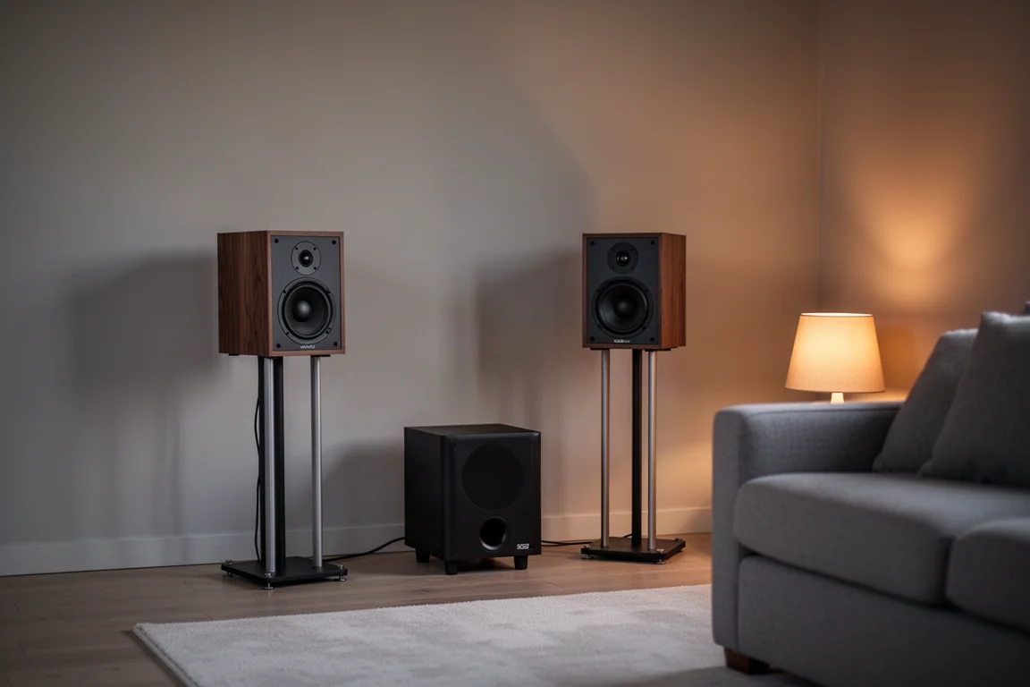 Kompakte Regallautsprecher auf Stativen mit einem Subwoofer in einem kleinen Wohnzimmer in der Abenddämmerung