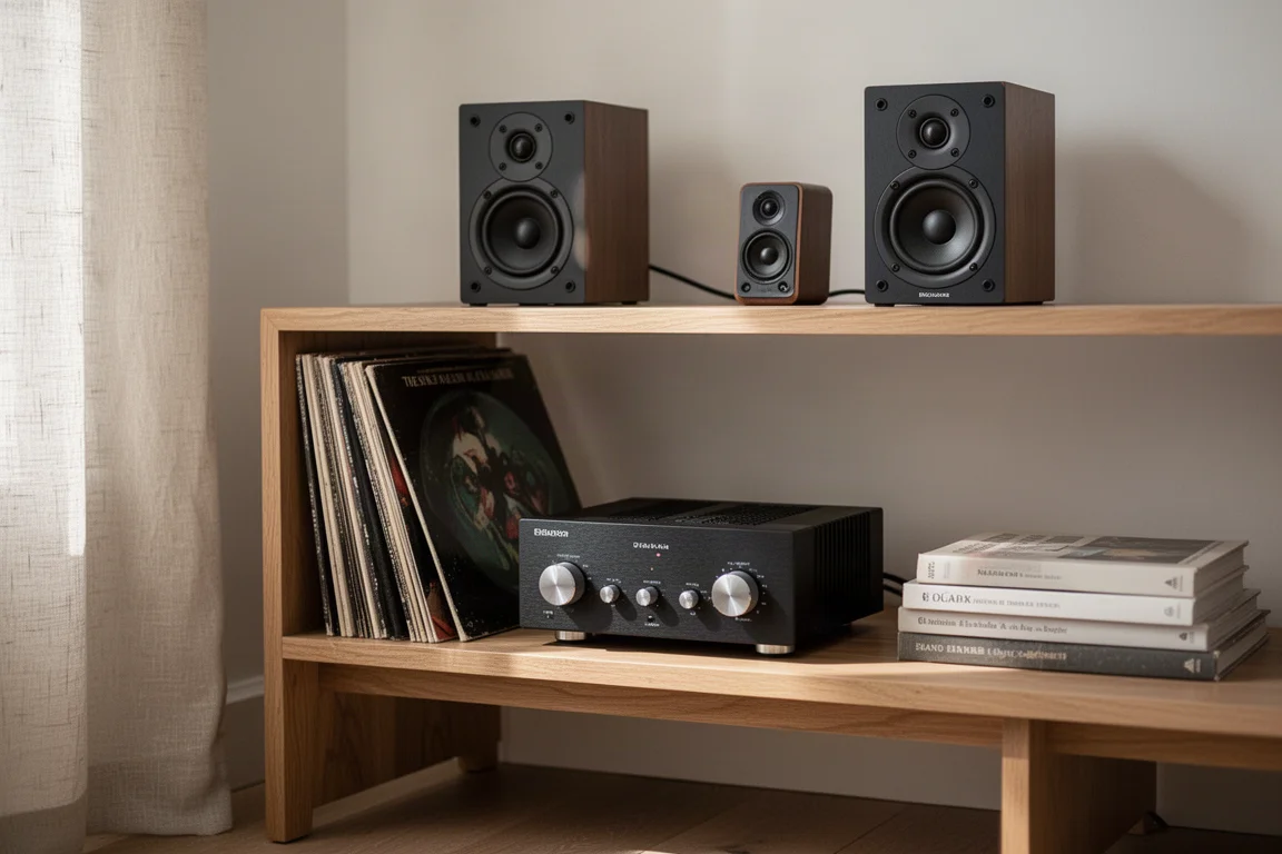 Hi-Fi-Regal im Wohnzimmer mit einem kleinen Verstärker, Regallautsprechern und Schallplatten