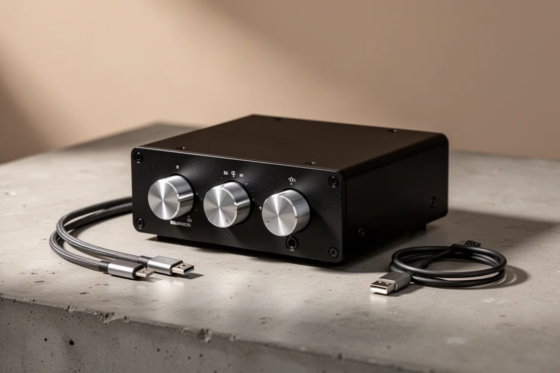 Small black integrated amplifier with silver knobs on a matte concrete surface