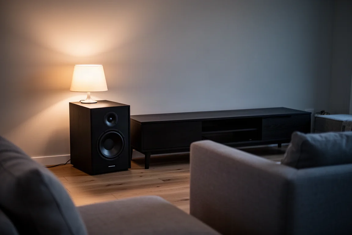 Dimly lit living room at dusk with a black subwoofer beside a low media console
