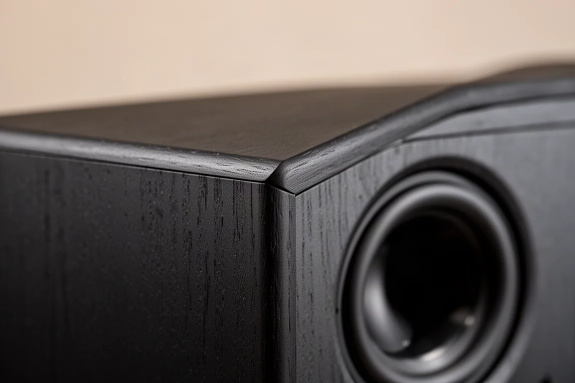Close-up of a subwoofer cabinet corner showing a thick front baffle edge