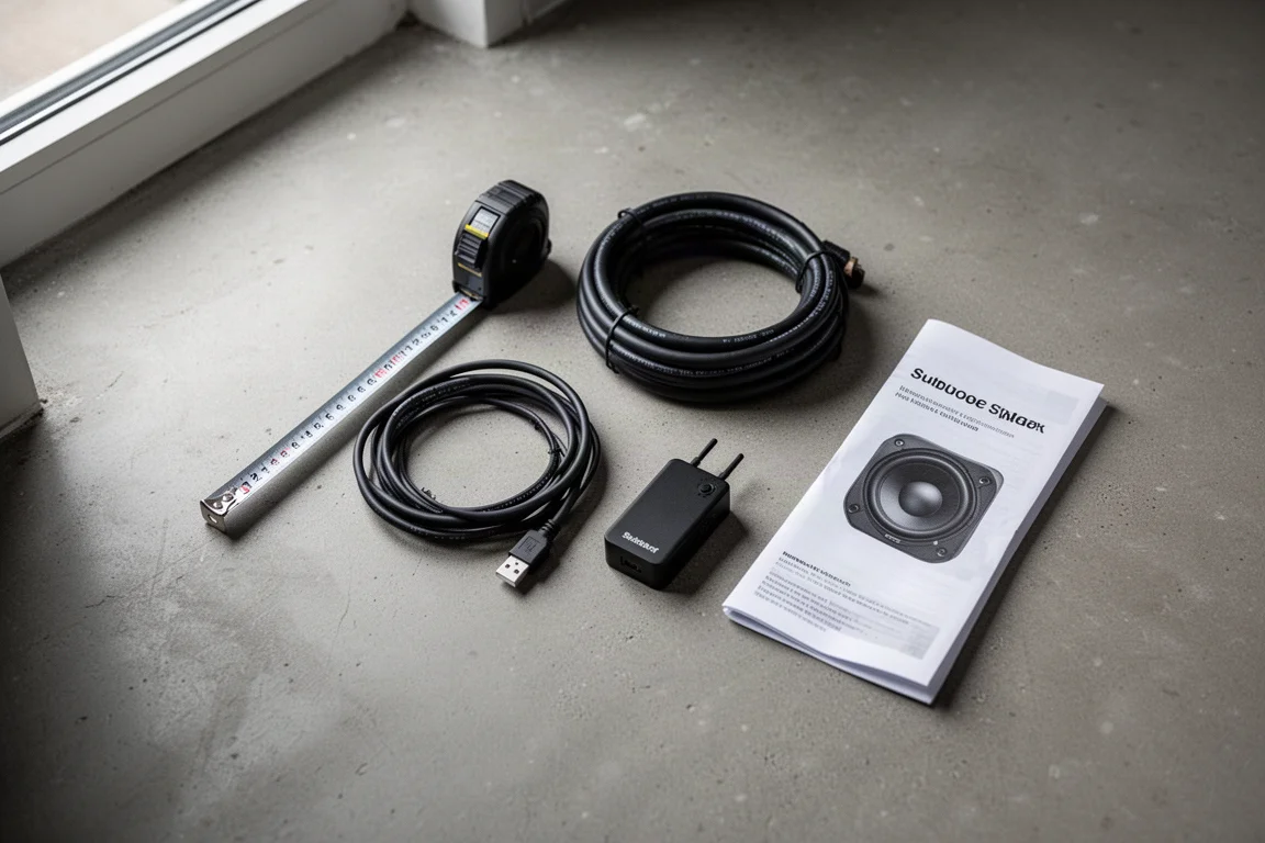 Flat-lay of a subwoofer setup with cable, measuring tape, and transmitter box