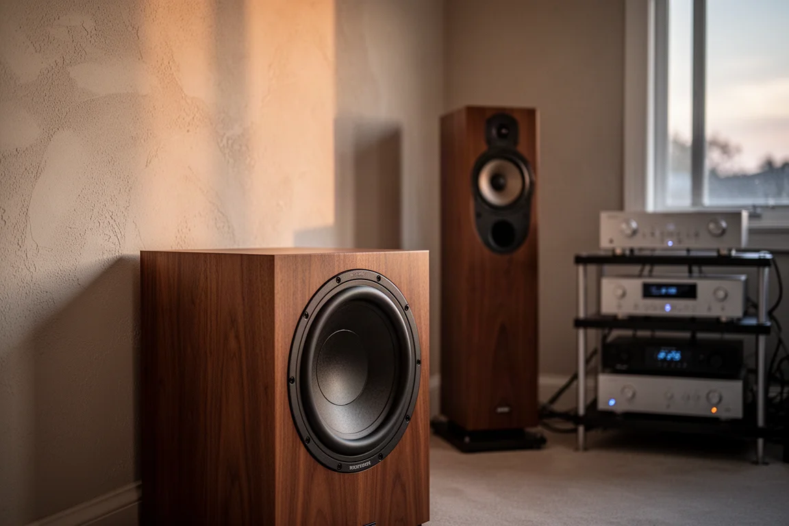 Listening room corner with subwoofer against a plaster wall in evening light