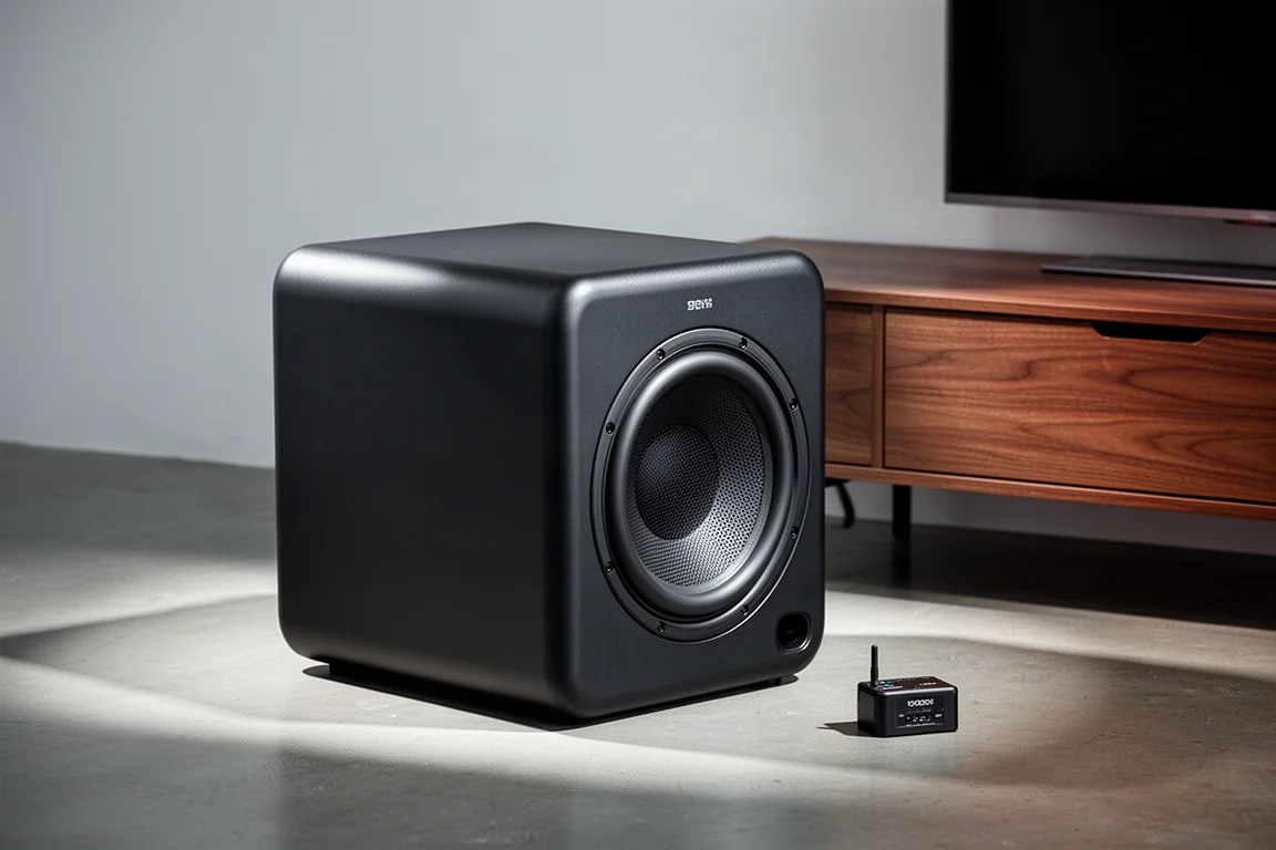 Black 10-inch ported subwoofer beside a walnut media console on a concrete floor
