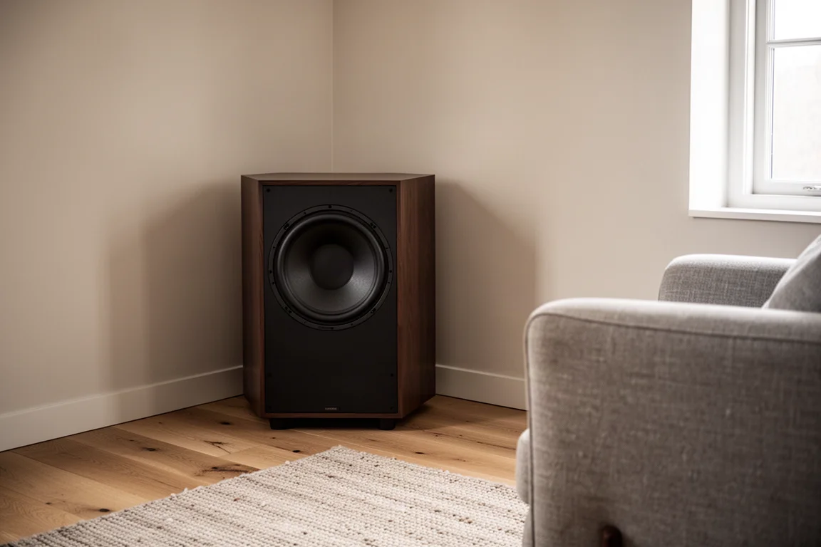 Close-up van de aansluitingen op het achterpaneel van de subwoofer en adapterkabels