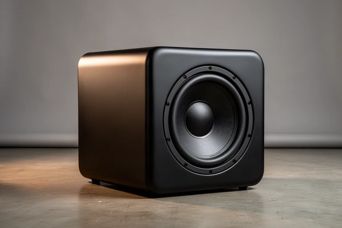 Large matte black cube-shaped RSL Speedwoofer 12S subwoofer on a concrete surface