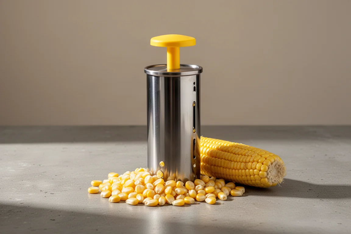 Metal corn stripper with yellow plunger beside bare corn cob and loose kernels