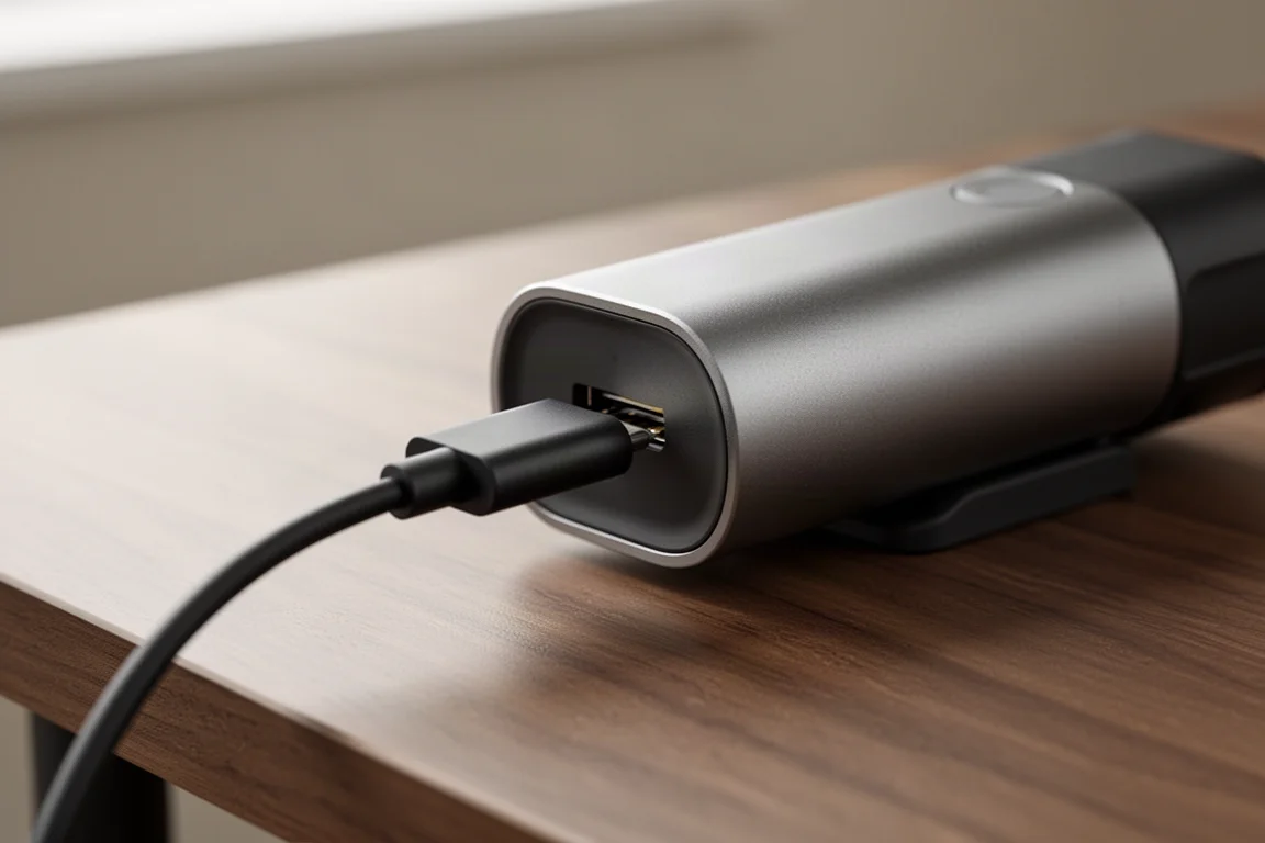 USB-C 線插入自行車燈外殼的特寫