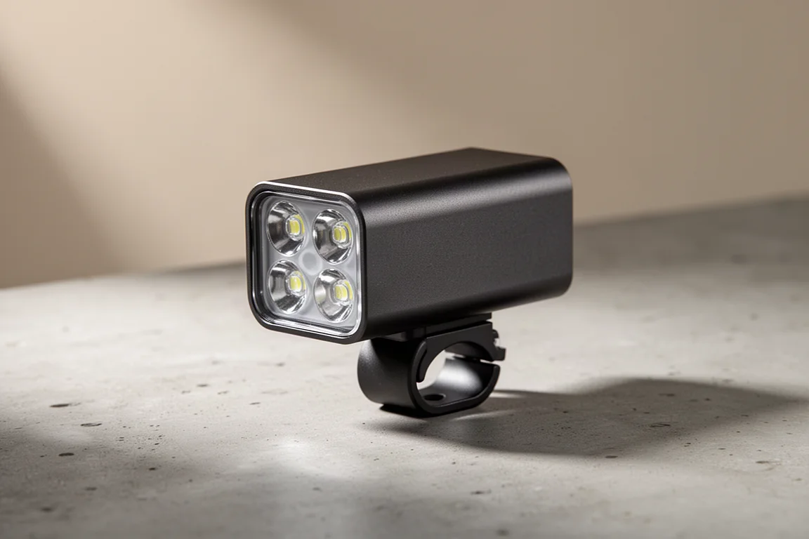 RTOP 1800-lumen aluminum bike light with four LEDs on a concrete surface