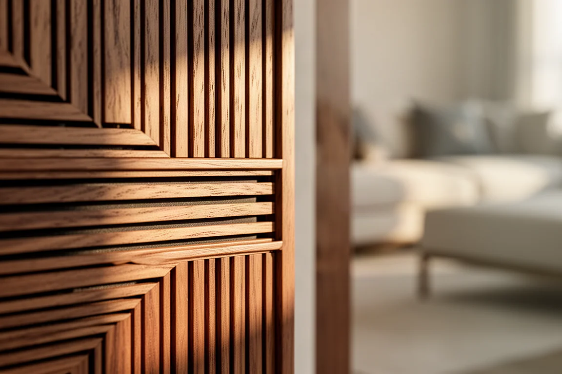 Primo piano di una griglia del diffusore in legno a doghe che mostra venature e finiture di precisione