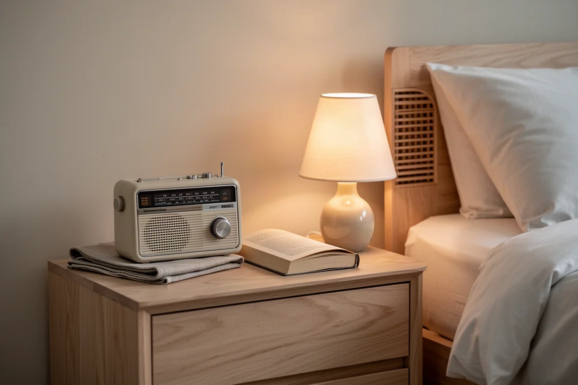 Radio da tavolo compatta su un comodino accanto a una lampada nella calda luce serale