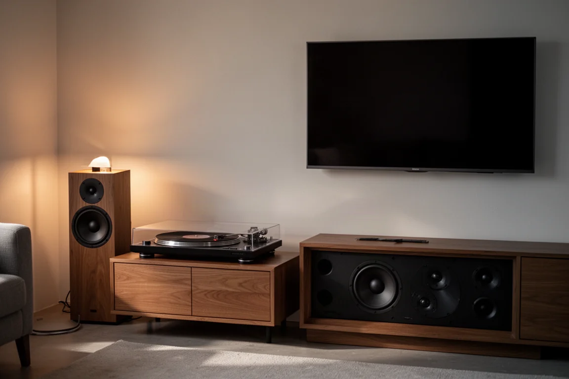 Angolo del soggiorno con giradischi e ampio diffusore console nella luce serale