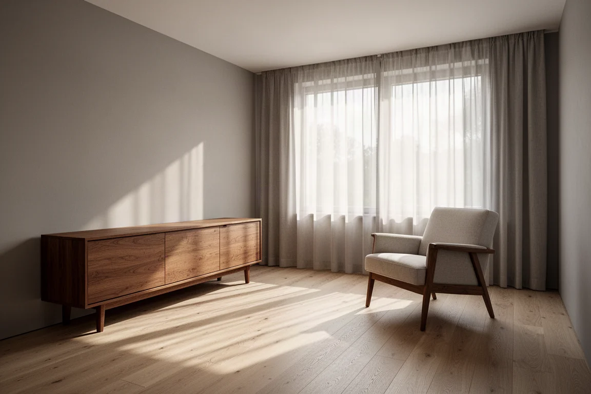 Sala d'ascolto minimale nella luce del tardo pomeriggio con bassa credenza in legno
