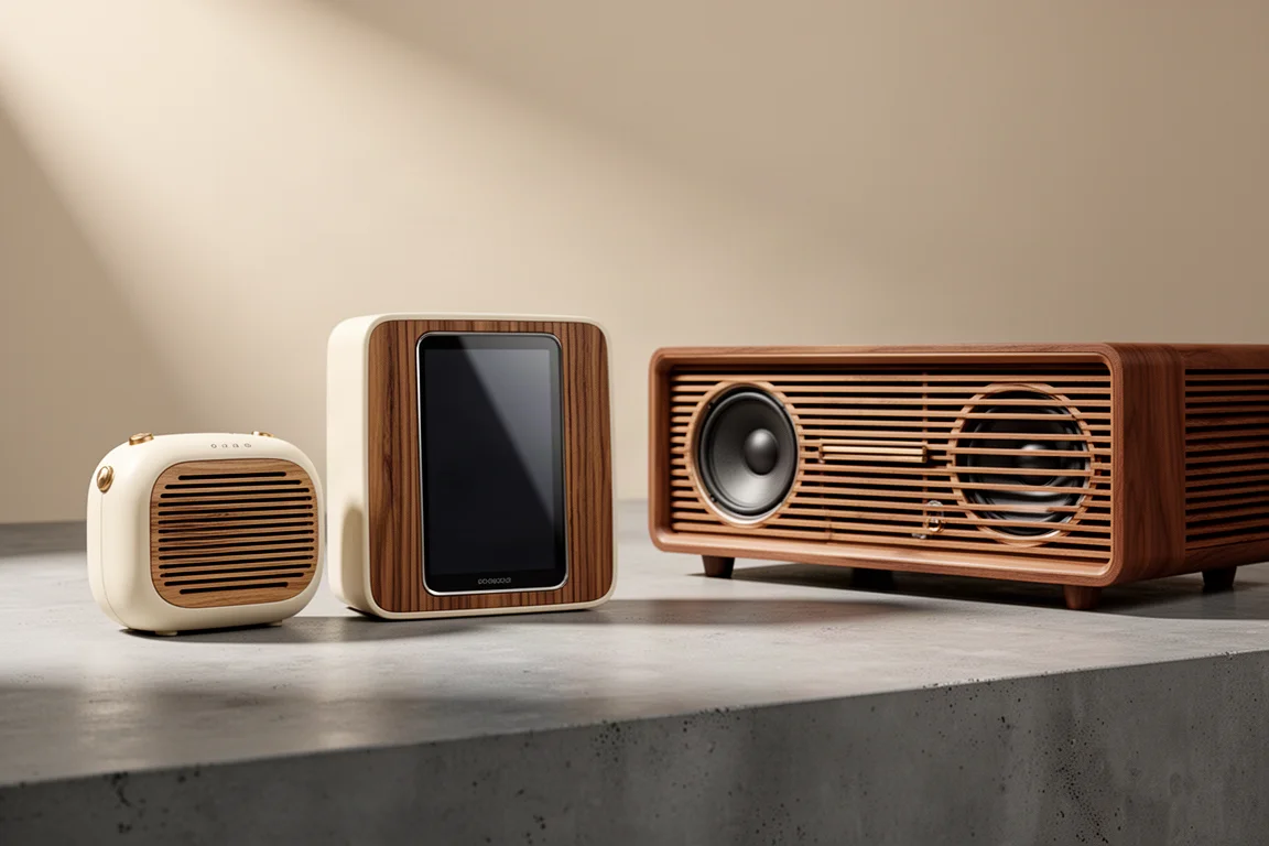 Three Ruark Audio style all-in-one music systems of increasing size on a concrete surface