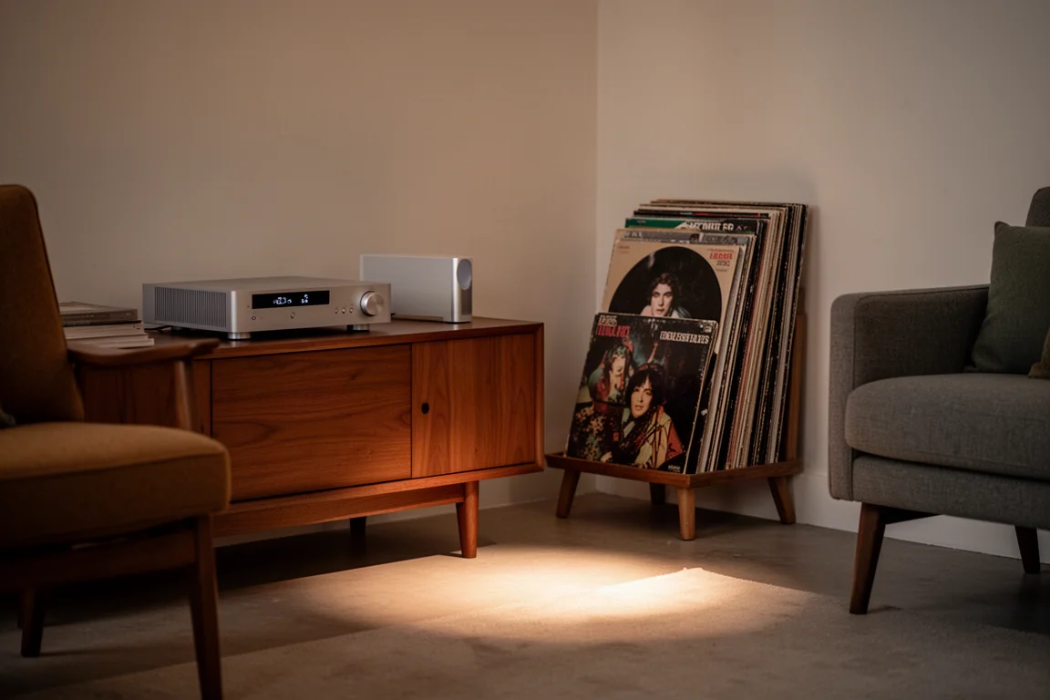 Warm living room corner with a wooden console cabinet, amplifier and vinyl records in lamp light