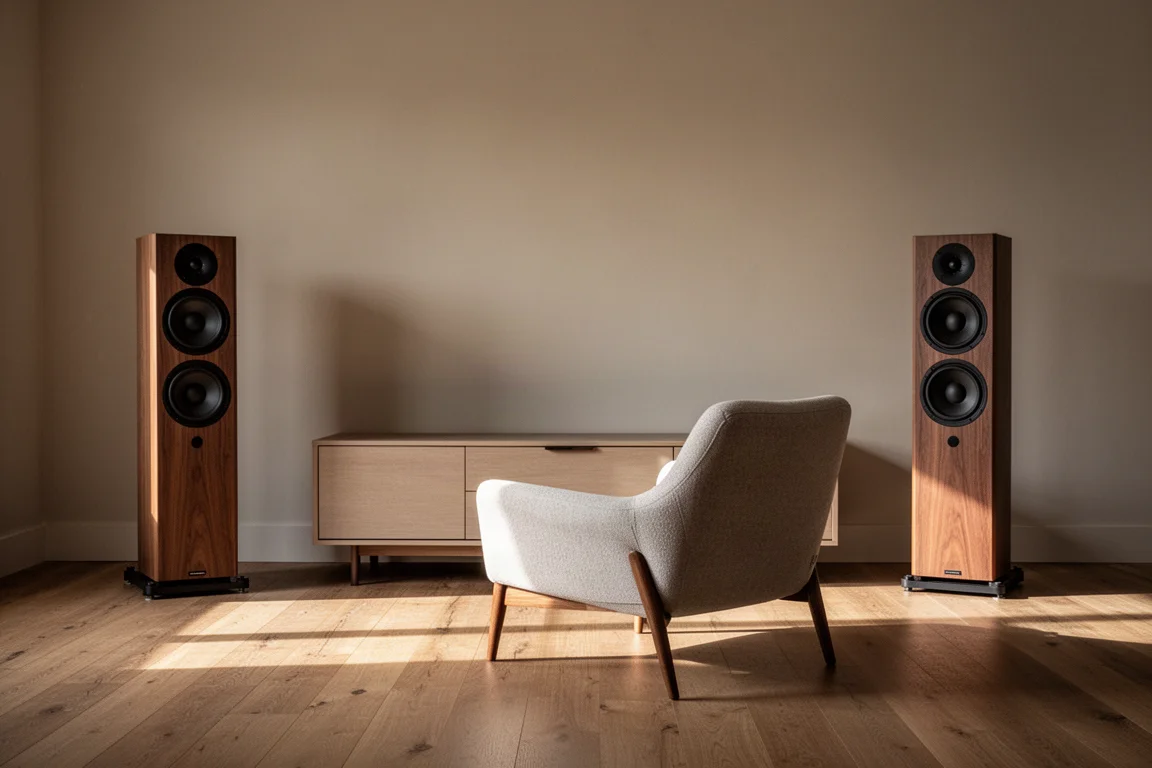 Listening room with two tall floorstanding speakers and an armchair in warm afternoon light