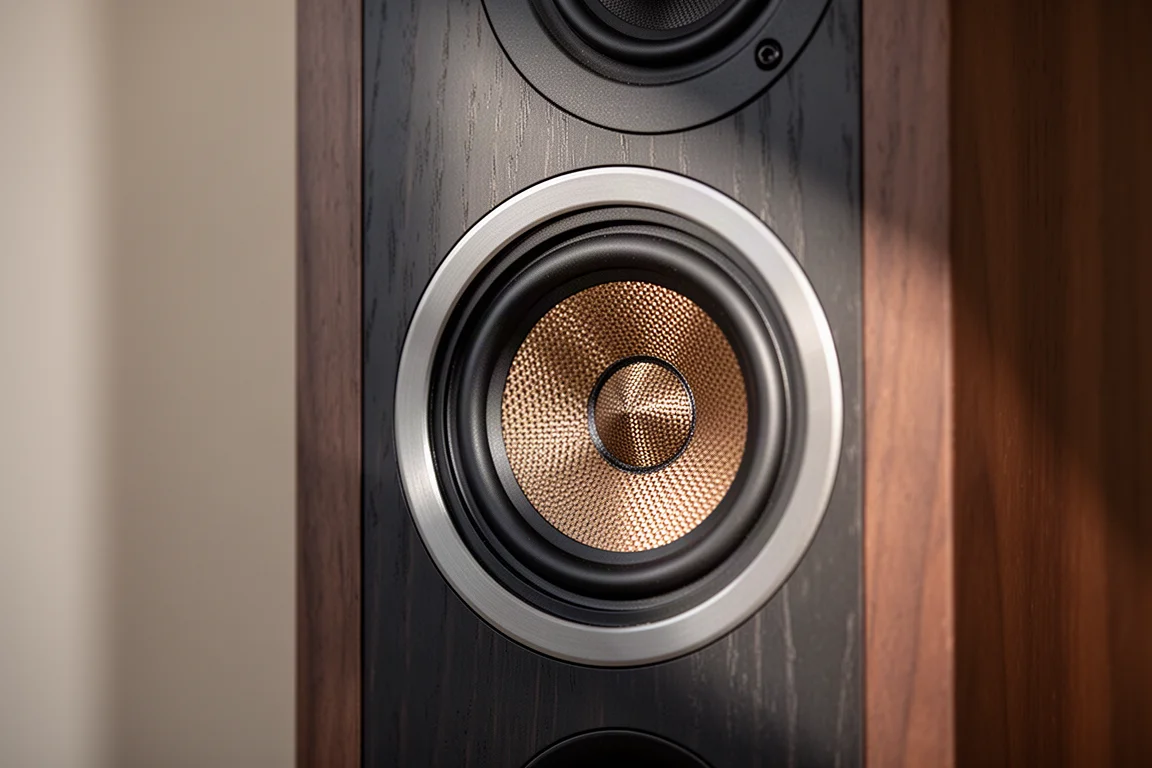 Close-up of a floorstanding speaker driver set into a dark wood veneer cabinet