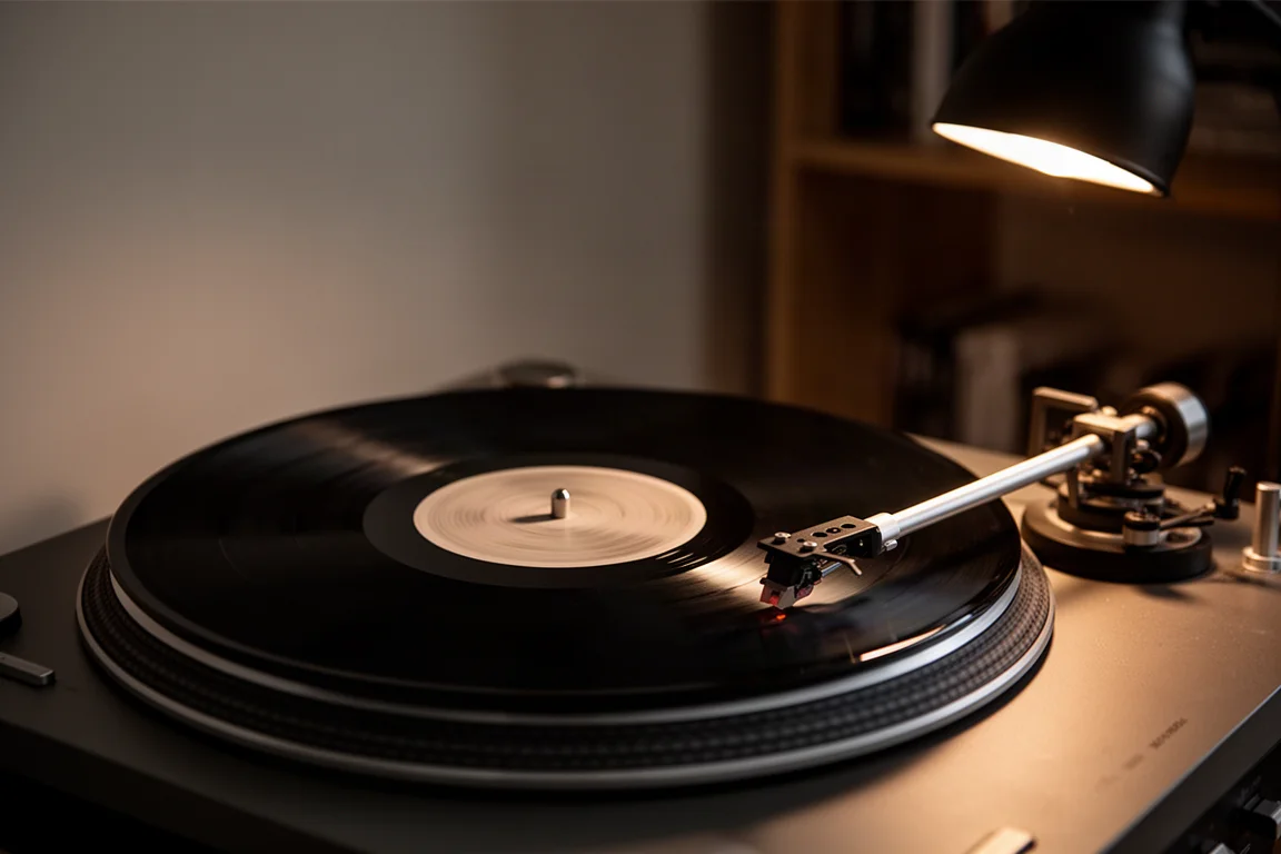 Turntable spinning a vinyl record under warm lamp light in a dim room