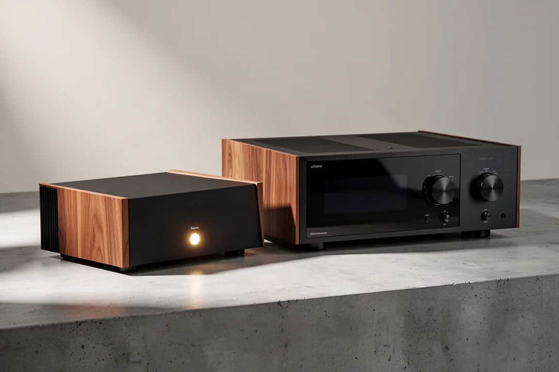 Two modern streaming amplifiers on a concrete surface, one console style and one rectangular with a display