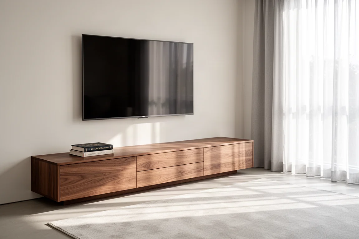 Sistema de consola bajo de chapa de madera bajo un televisor montado en la pared en un salón luminoso