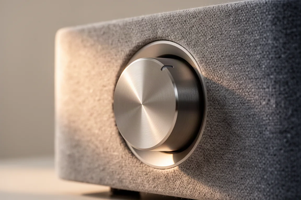 Primer plano de un dial de control metálico circular en un sistema de audio envuelto en tela gris suave
