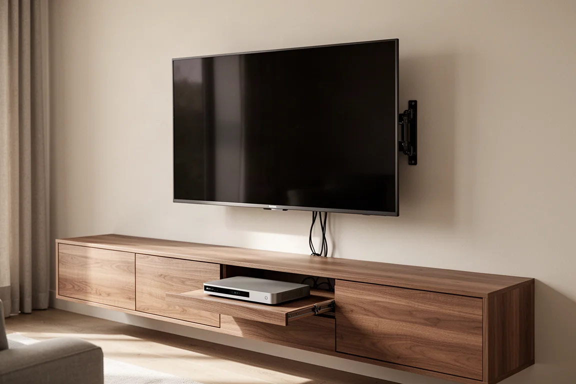 Soporte de pared giratorio que sostiene un televisor sobre un largo sistema de consola de chapa de madera