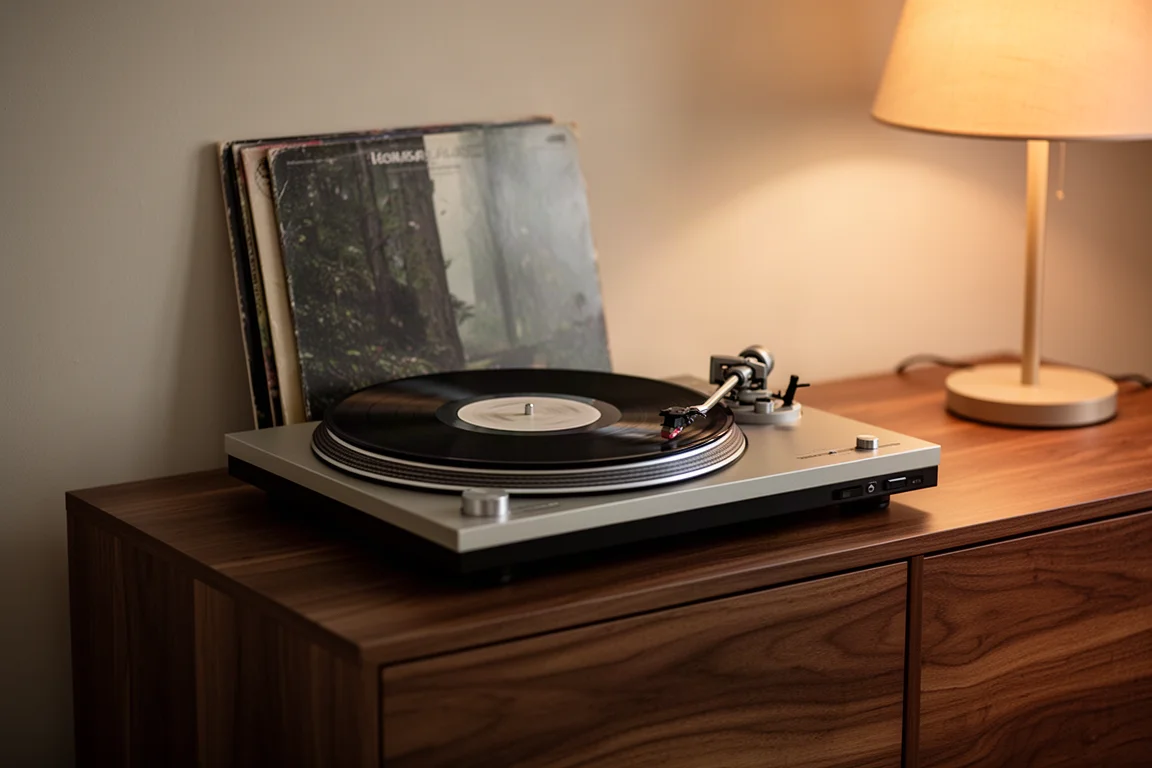 Tocadiscos y fundas de vinilo sobre un sistema de consola de chapa de madera