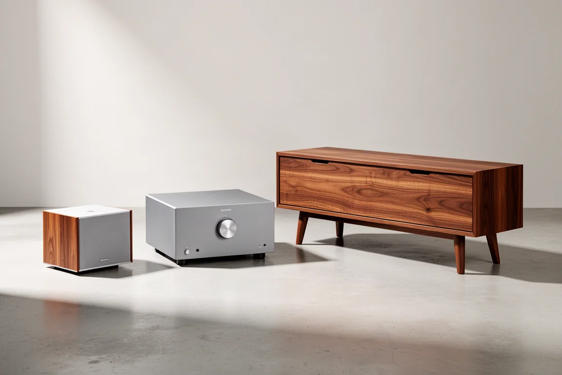 Three all-in-one home audio systems of increasing size on a concrete surface