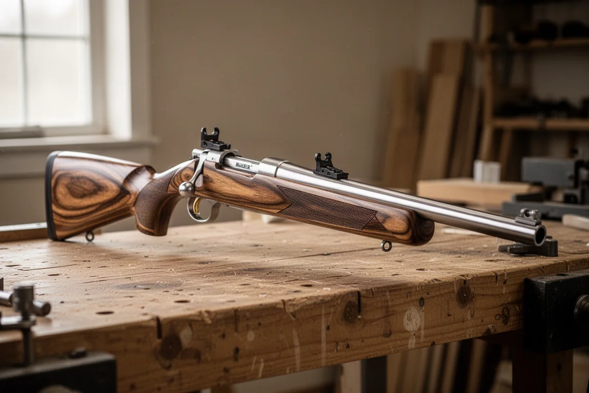 Ruger Hawkeye 步槍,配有不鏽鋼槍管和層壓木槍托,置於工作台上