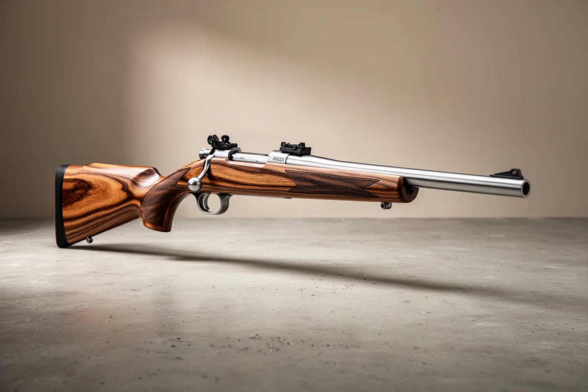 Ruger Hawkeye 步槍，配有不鏽鋼槍管和層壓木槍托，置於混凝土表面上