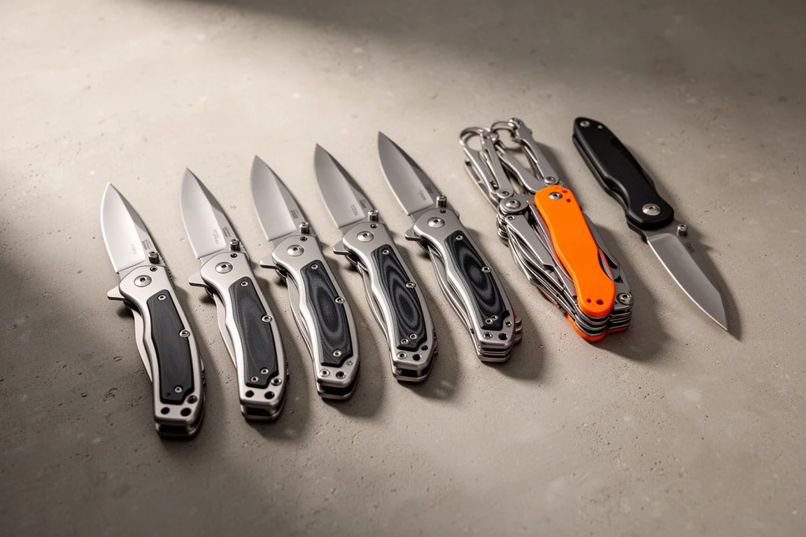 Six Ruike knives and multi-tools arranged in a row on a concrete surface