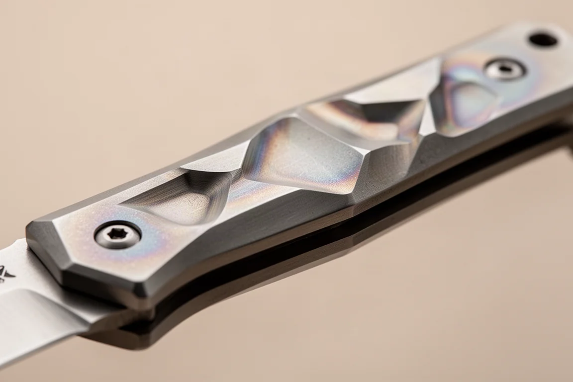Texture d'un manche de couteau en titane usiné captant une lumière douce directionnelle