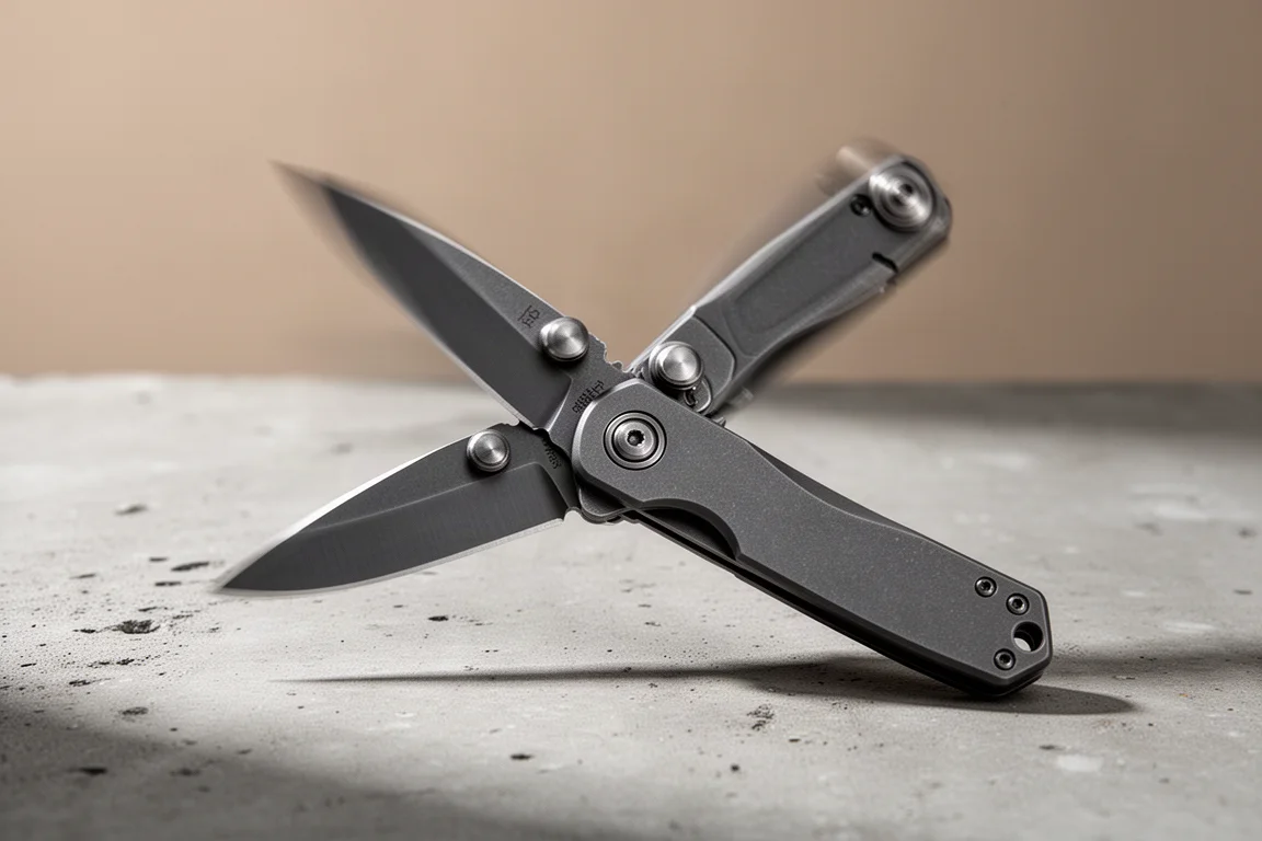 Couteau pliant à grands cran d'ouverture d'un mouvement sec sur un bureau